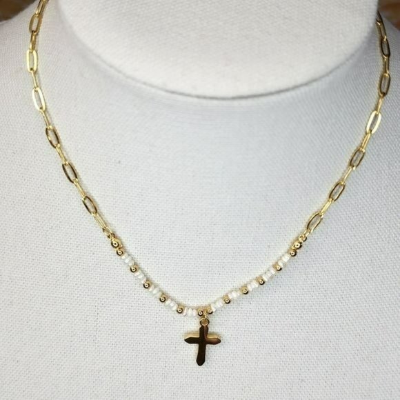 Gold Plated Stainless Steel Chain Freshwater Pearl Beads Cross‎ Pendant Necklace - Picture 1 of 14